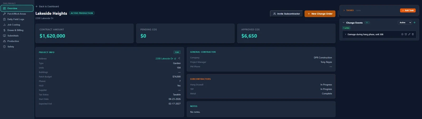 A SubMark project overview showing contract amount, change orders, project info, GC and subcontractor status