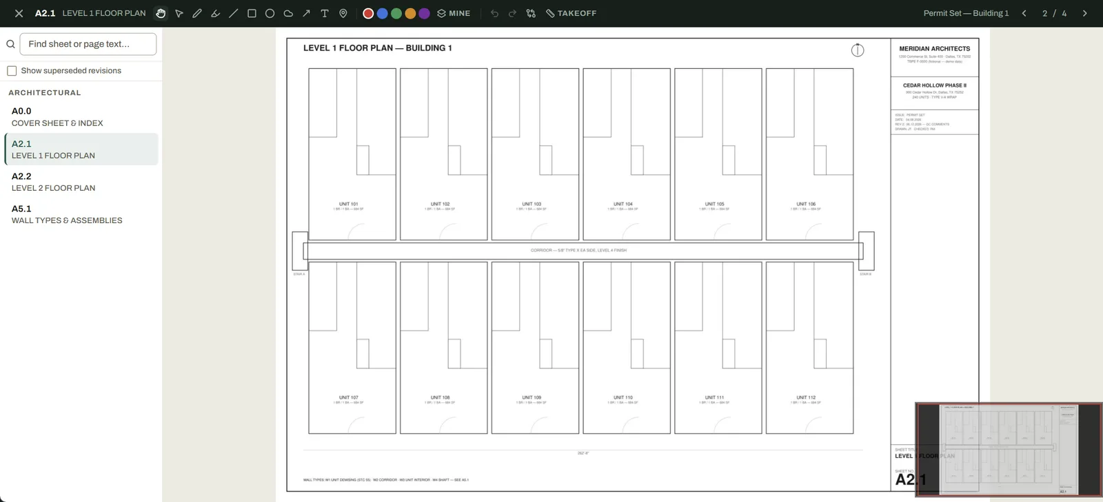 The SubMark plan viewer open on sheet A2.1, Level 1 Floor Plan, with a markup and takeoff toolbar across the top, the drawing set index listing every sheet down the left, and the floor plan showing units 101 through 112